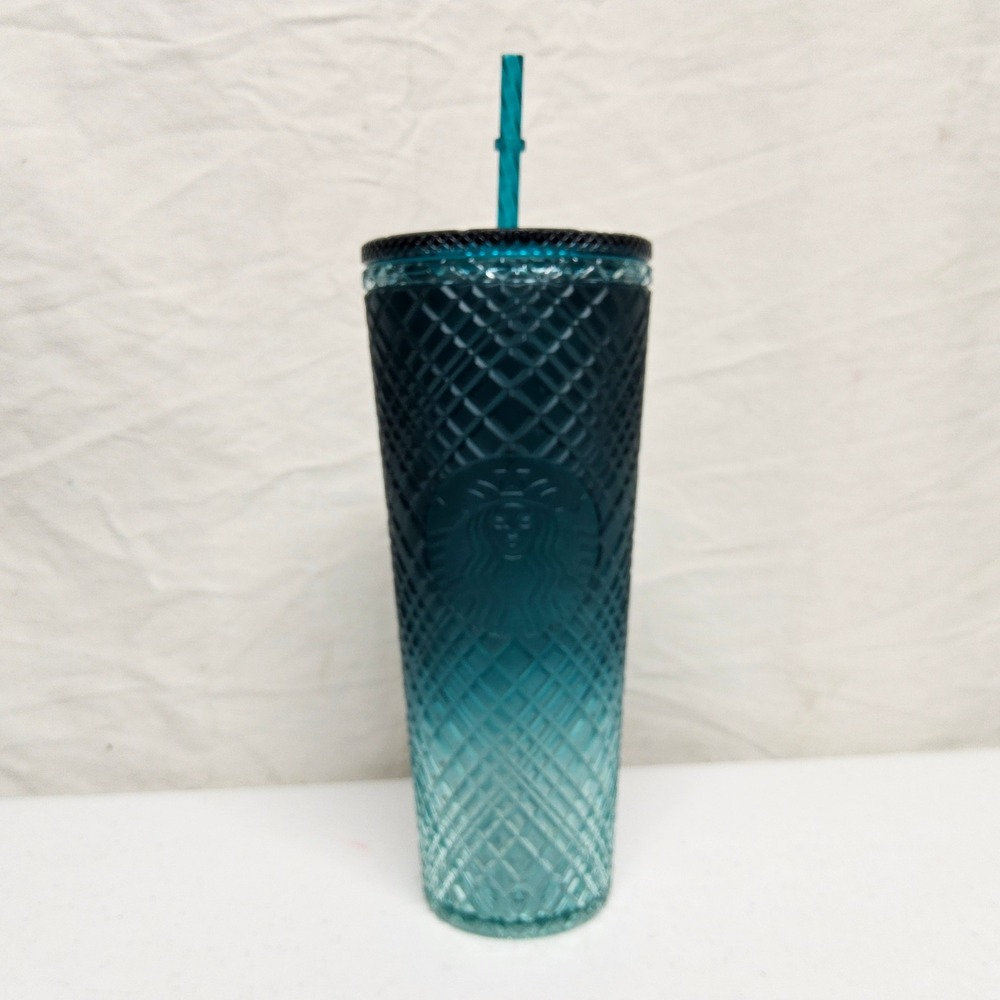 Starbucks Tumbler Cold Cup 24oz Teal Ombre Grid Studded Diamond Siren 2021